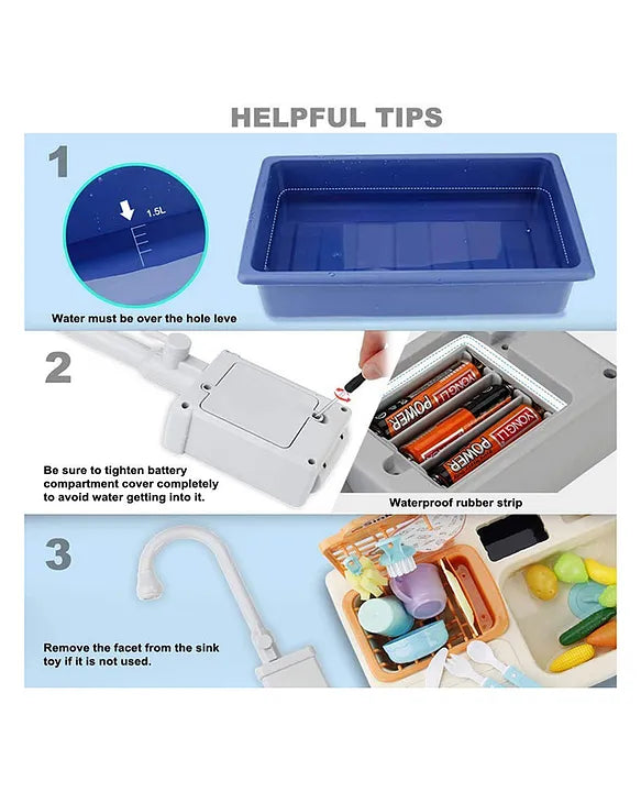 Helpful tips for kids kitchen sink playset showing water level battery compartment and faucet removal guidance