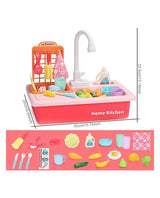 Kids kitchen sink playset with size measurements shown and complete accessories set displayed below