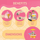 Benefits of kids sweet ice cream cart play set showing fine motor skill development, math and currency learning, social play, and product dimensions illustration