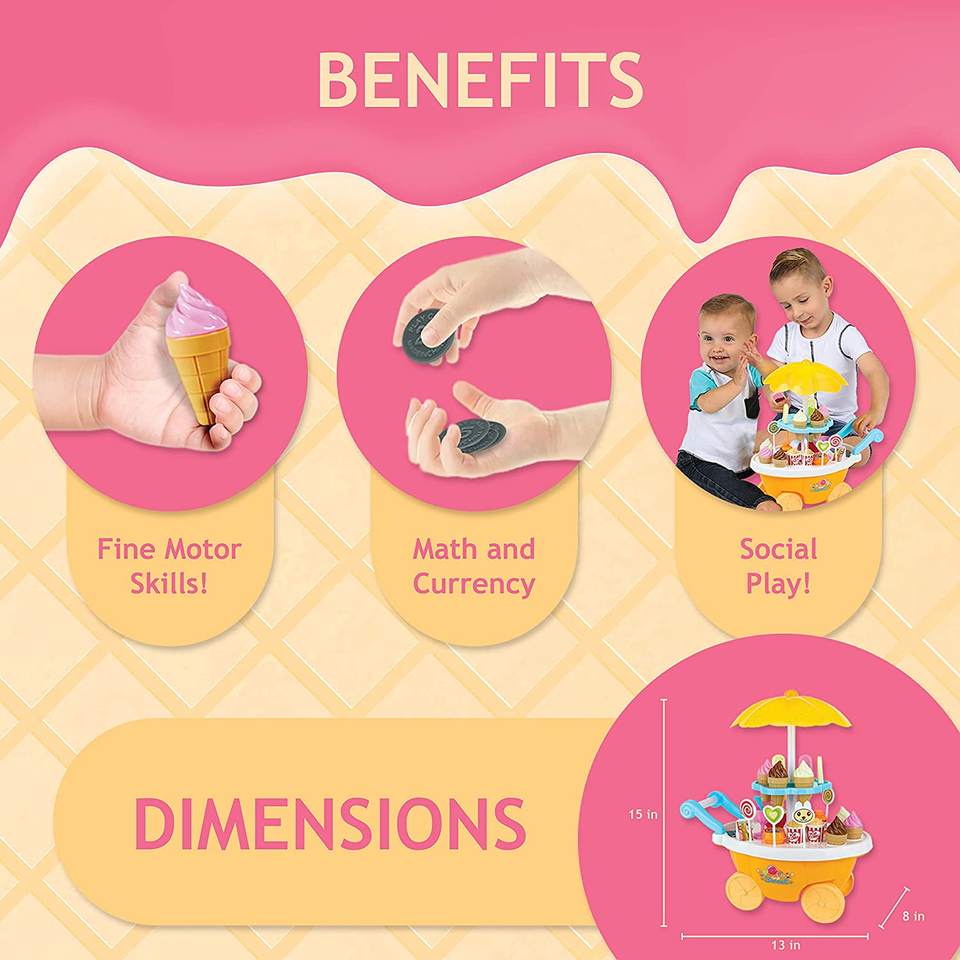 Benefits of kids sweet ice cream cart play set showing fine motor skill development, math and currency learning, social play, and product dimensions illustration