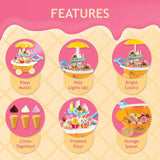 Features of kids sweet ice cream cart play set showing music function, light-up pole, bright colors, clicking cones, pretend play options, and storage space