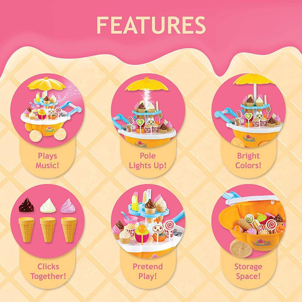 Features of kids sweet ice cream cart play set showing music function, light-up pole, bright colors, clicking cones, pretend play options, and storage space