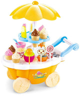 Colorful kids sweet ice cream cart play set with toy ice creams, lollipops, cones, and push handle for fun pretend shop play and happy learning