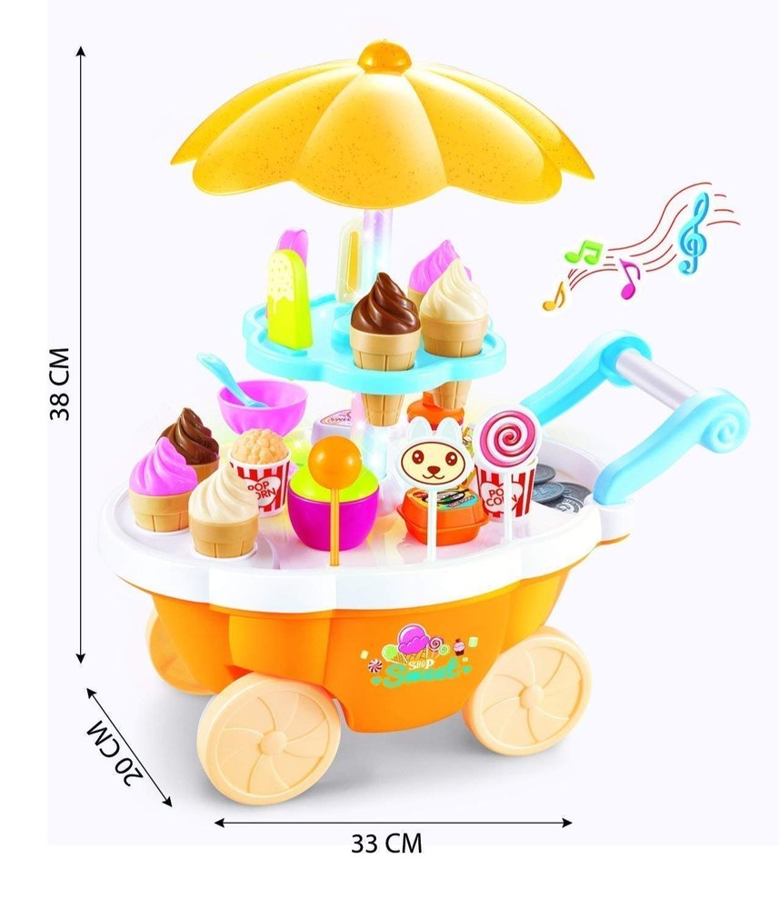 Size chart of kids sweet ice cream cart play set showing height, width, and base dimensions with colorful toy ice creams and accessories