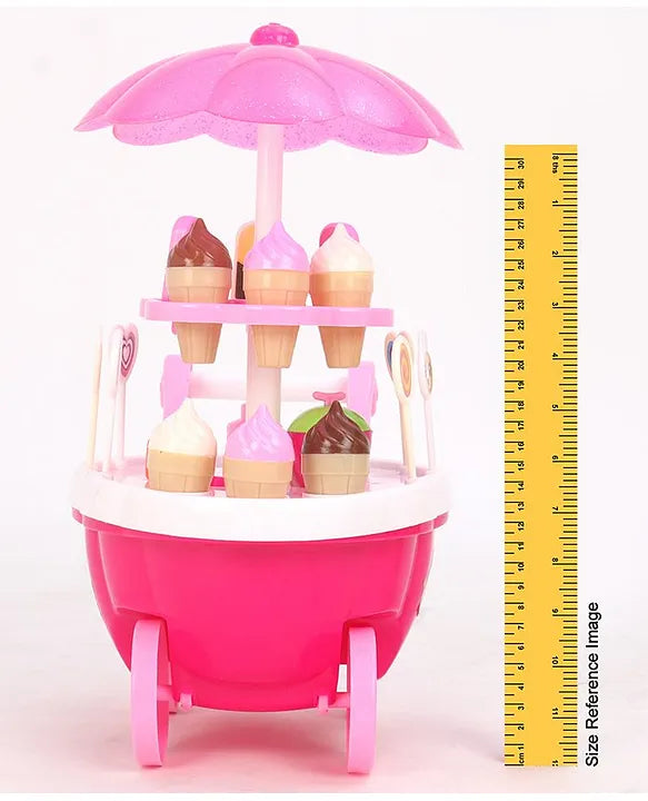 Pink kids ice cream cart play set with toy ice creams and size reference ruler for pretend play