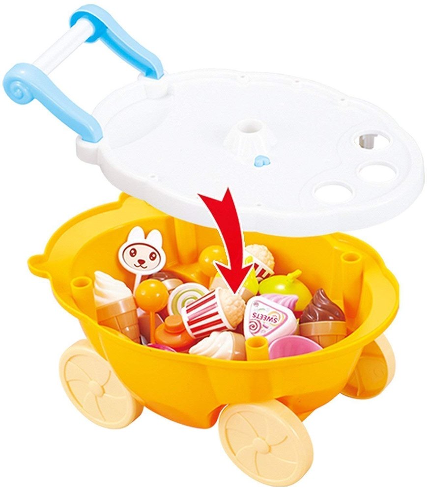 Kids sweet ice cream cart play set showing open storage compartment filled with toy ice creams, lollipops, and candy accessories for pretend shop play