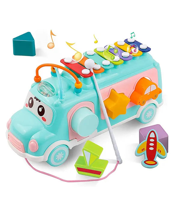Musical Shape Sorting Bus Shape Matching and Music Play with xylophone top and colorful blocks