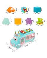 Musical Shape Sorting Bus with xylophone top and measured shape blocks showing size details for each piece