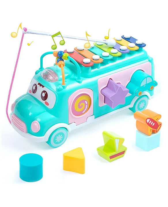 Musical Shape Sorting Bus Shape Matching and Music Play with colorful blocks and xylophone top