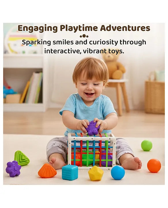 Shape Sorting Educational Toys Box for Baby Early Skill Growth with baby playing happily with colorful shapes