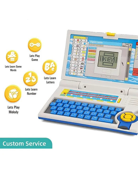 Smart learning laptop toy showing keys screen and learning icons for kids words letters numbers play