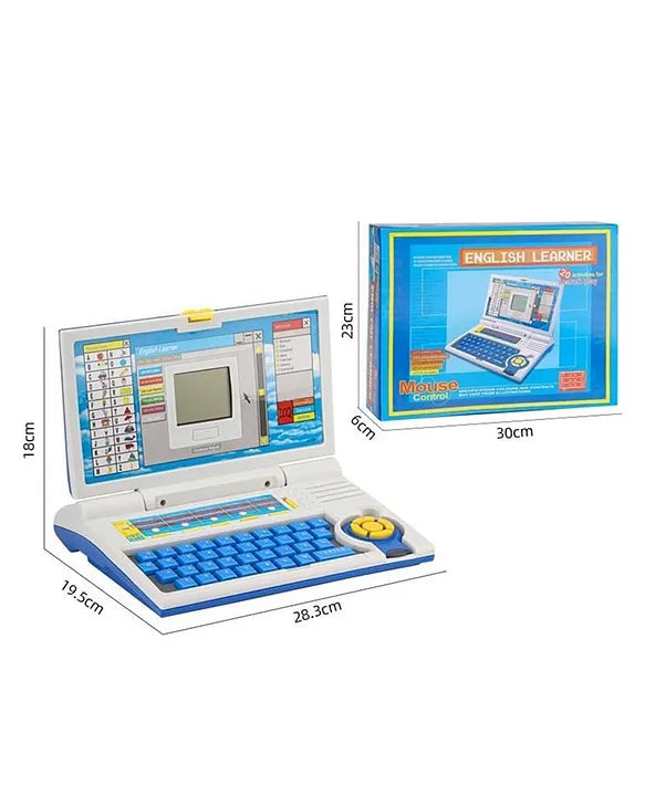 Smart learning laptop toy showing size details with keyboard screen and box designed for kids education