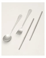 Stainless steel spoon, fork and chopsticks set included with the three-compartment lunch box.