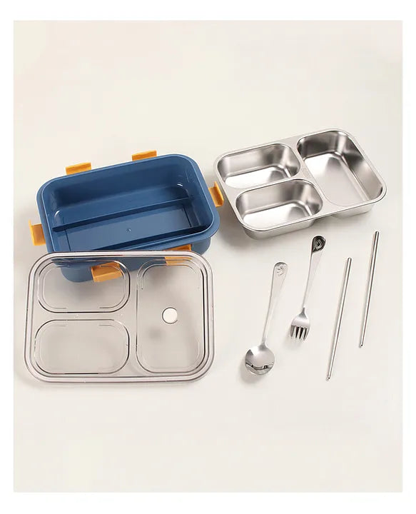 Stainless steel lunch box set with three compartments, lid, and metal cutlery shown in a full display layout.