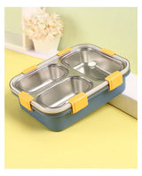 Three-compartment stainless steel lunch box with yellow clips and leakproof design for food storage.