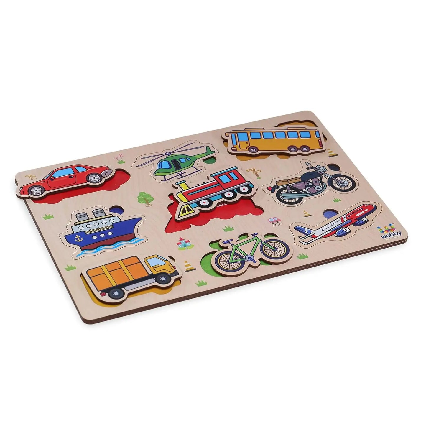 Kids Wooden Transport Puzzle Toy with Pegs – Learn Cars, Trucks & Bikes