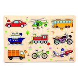 Kids Wooden Transport Puzzle Toy with Pegs – Learn Cars, Trucks & Bikes