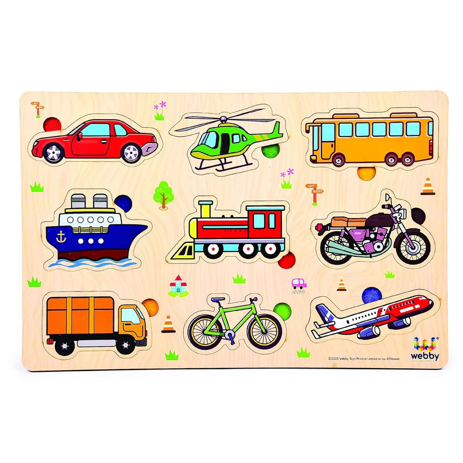 Kids Wooden Transport Puzzle Toy with Pegs – Learn Cars, Trucks & Bikes