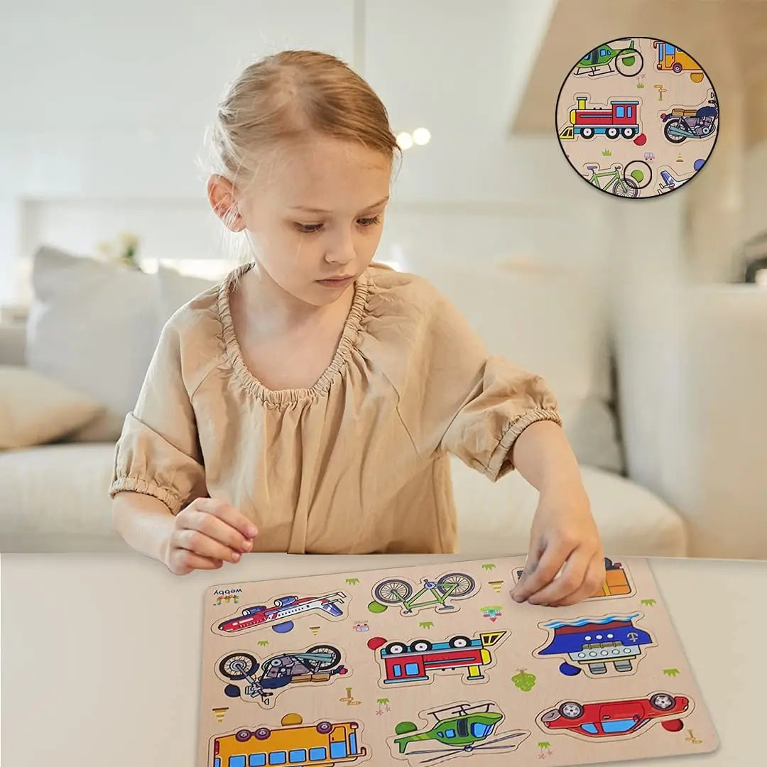 Kids Wooden Transport Puzzle Toy with Pegs – Learn Cars, Trucks & Bikes