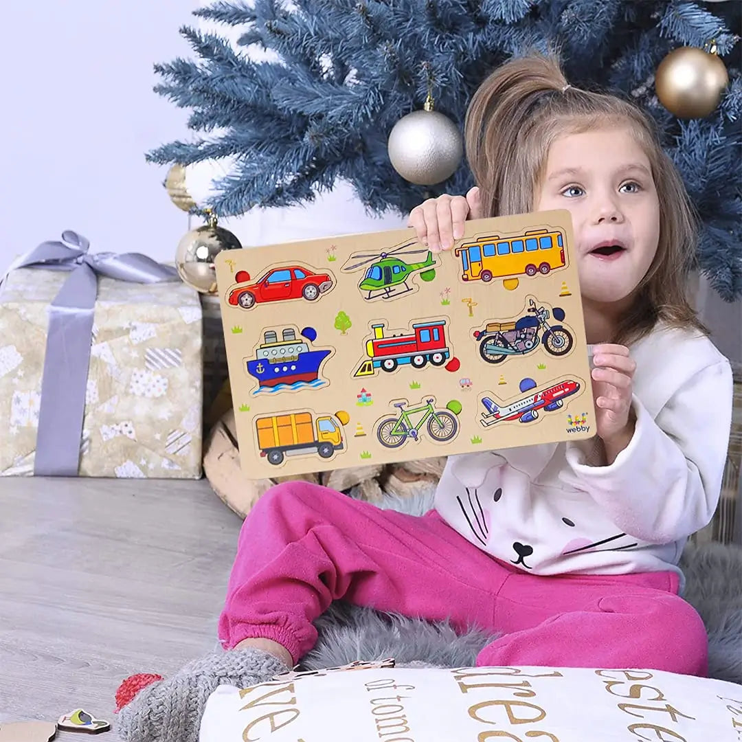 Kids Wooden Transport Puzzle Toy with Pegs – Learn Cars, Trucks & Bikes