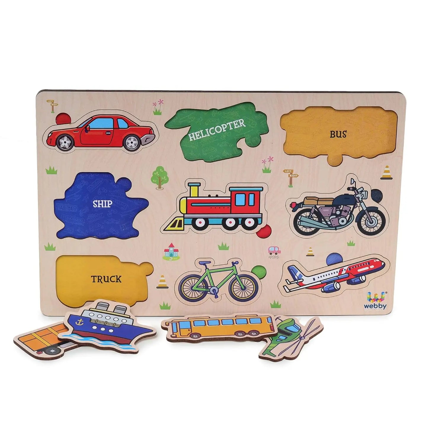 Kids Wooden Transport Puzzle Toy with Pegs – Learn Cars, Trucks & Bikes