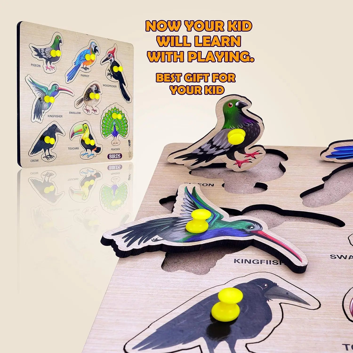 Wooden Birds Peg Puzzle Board for Kids