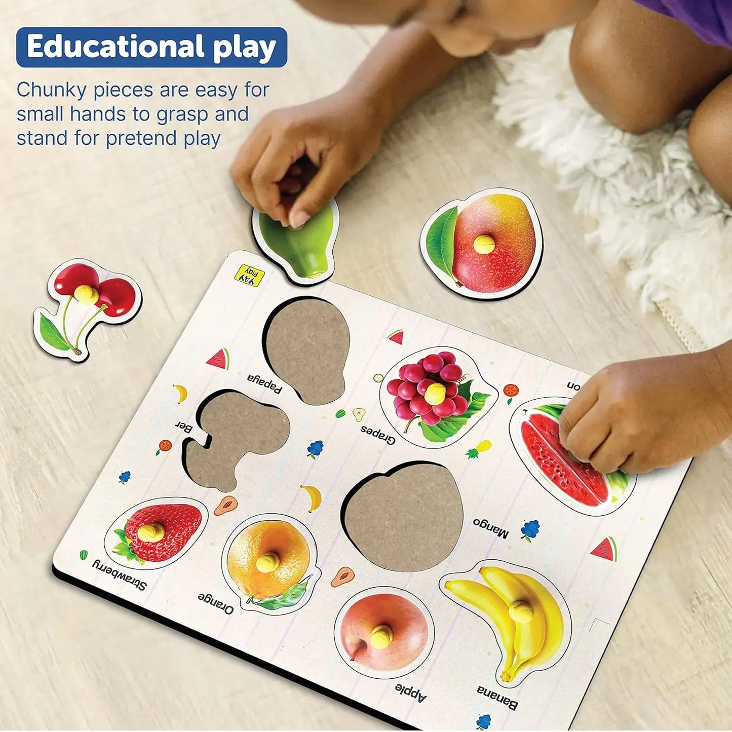 Wooden Fruits Jigsaw Puzzle with Knobs – Educational Learning Toy for Toddlers